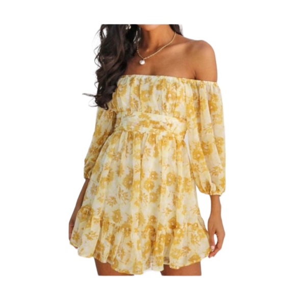 C+D+M Yellow and White Off the Shoulder Tie Back Mini Dress Size L. NWT. - Picture 2 of 10